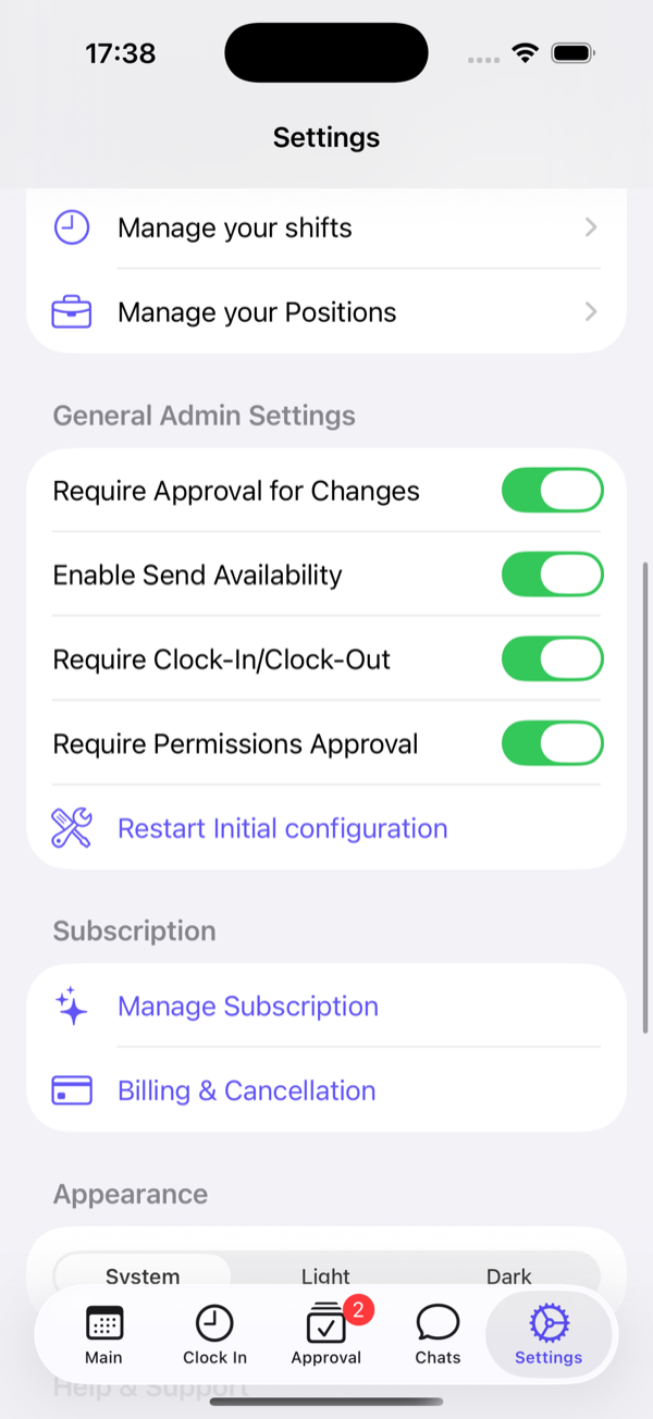 General settings: approvals, availability, clock-in and subscription.