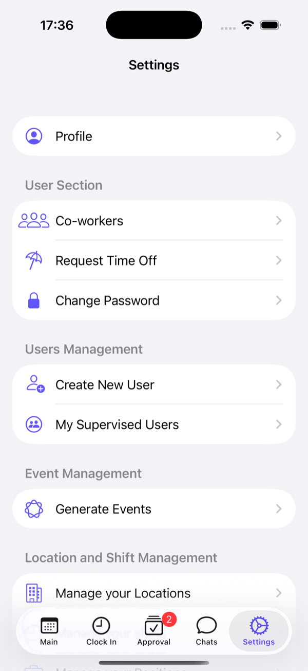 Settings: profile, user section, users management, events and locations.