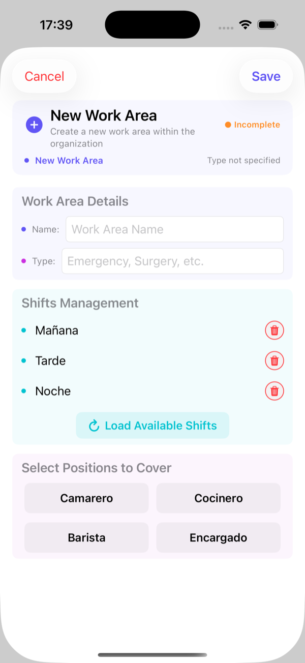 New area: name, shifts it opens and positions with their slots (+/−).