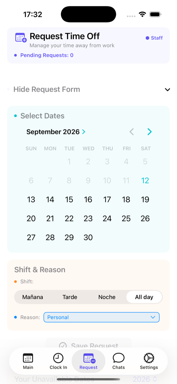 New request: days, affected shift and reason.