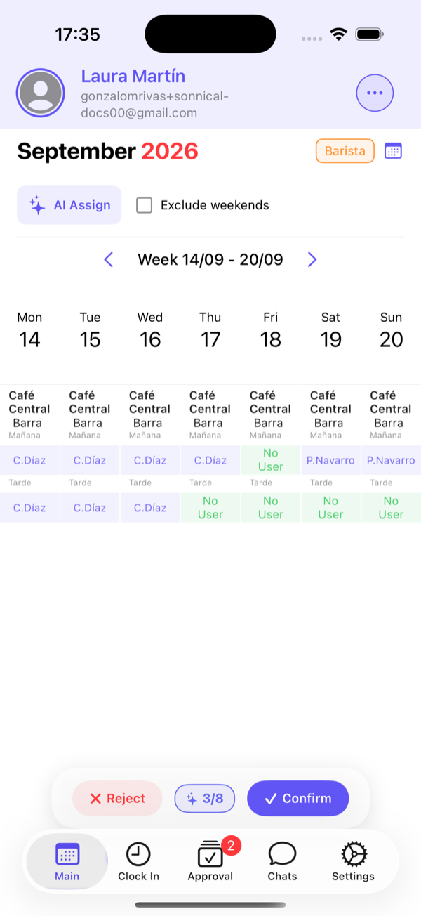 The proposal is drawn on screen with the bar Reject · assigned/proposed · Confirm.