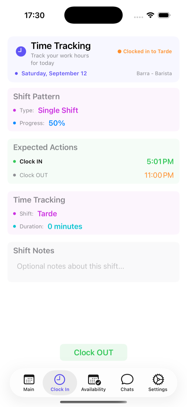 After clocking in: actual time, running duration and the clock-out button.