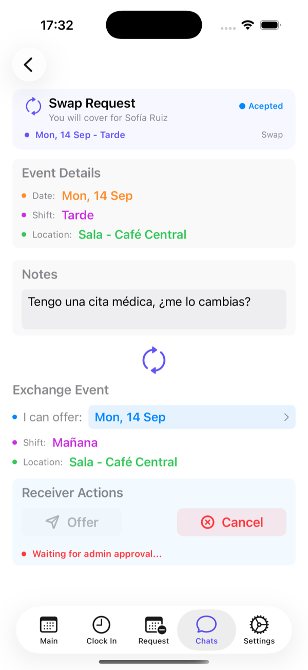 Detail of a swap: your shift, the offered shift and the actions.