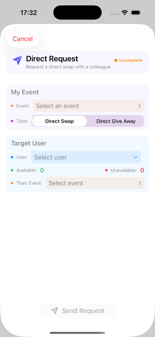 Direct request: your shift, type and colleague. It shows who is available that day.