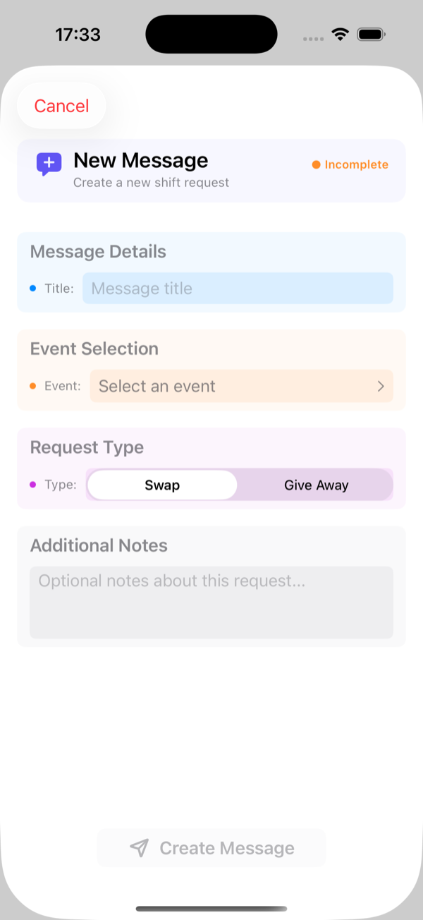 Posted message: title, shift, type and notes.