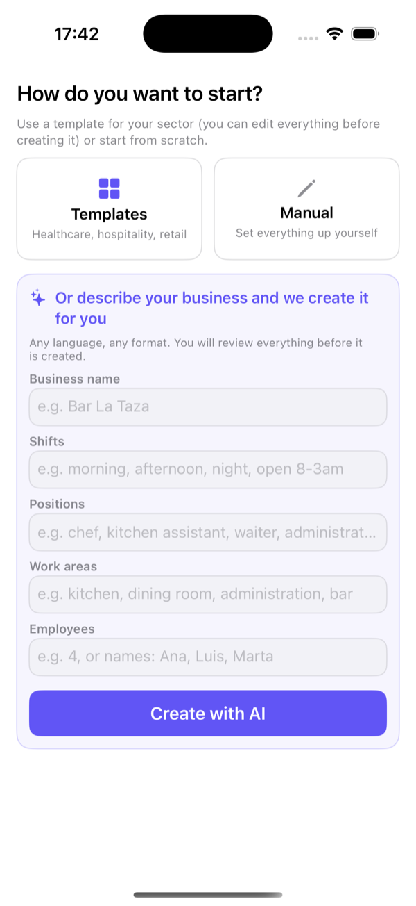 Three ways to start: template, AI description or manual.