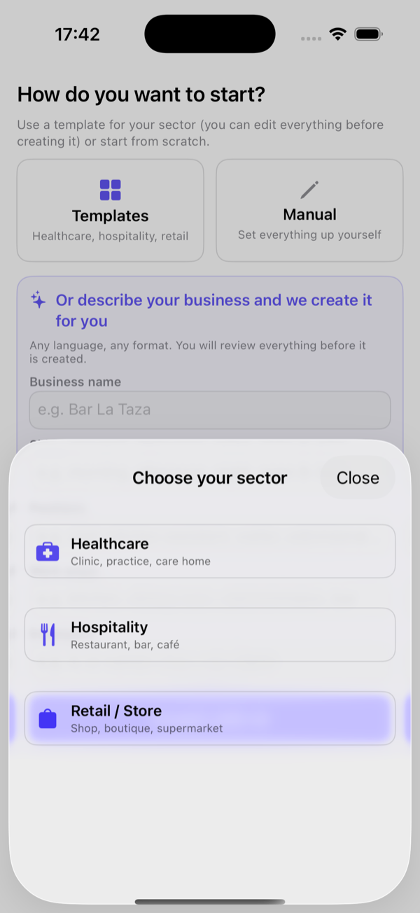 Template summary: positions, your role, areas and shifts.