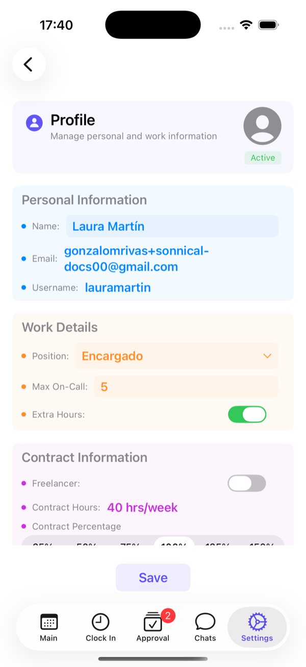 Administrator profile: details, position, contract and holidays.