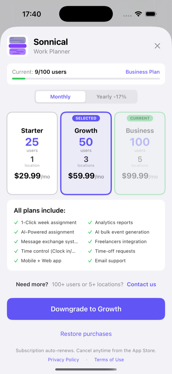 Starter, Growth and Business plans, monthly or yearly.