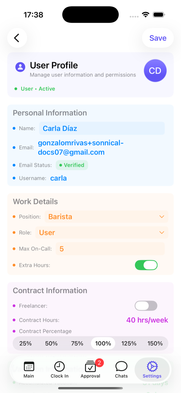 Editable employee profile.