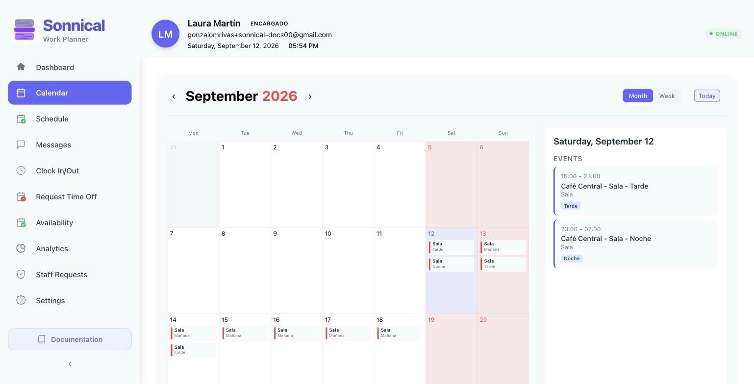 Web calendar with the side panel for the selected day.