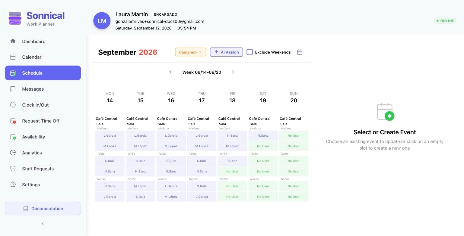 Weekly schedule per position: each cell is a slot. Click a cell to edit it or create the shift.
