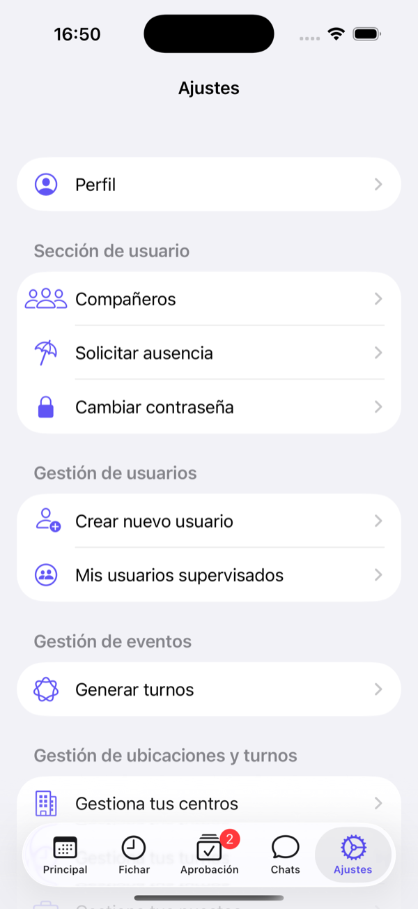 Ajustes: perfil, sección de usuario, gestión de usuarios, eventos y centros.
