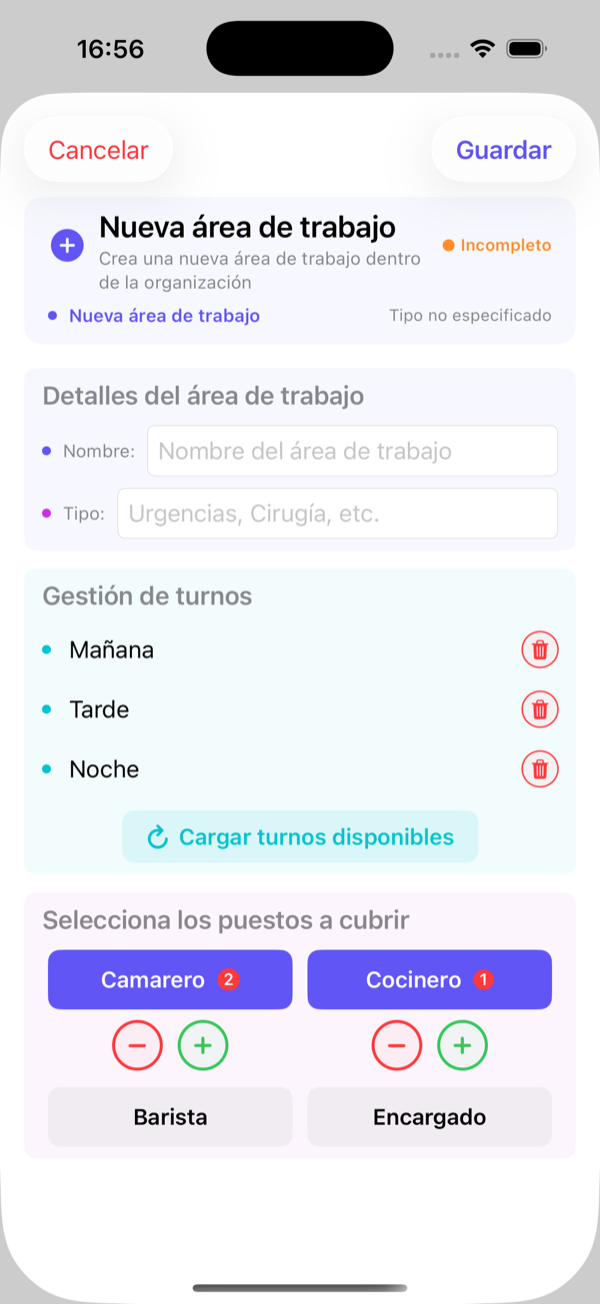 Nueva área: nombre, turnos que abre y puestos con sus plazas (+/−).