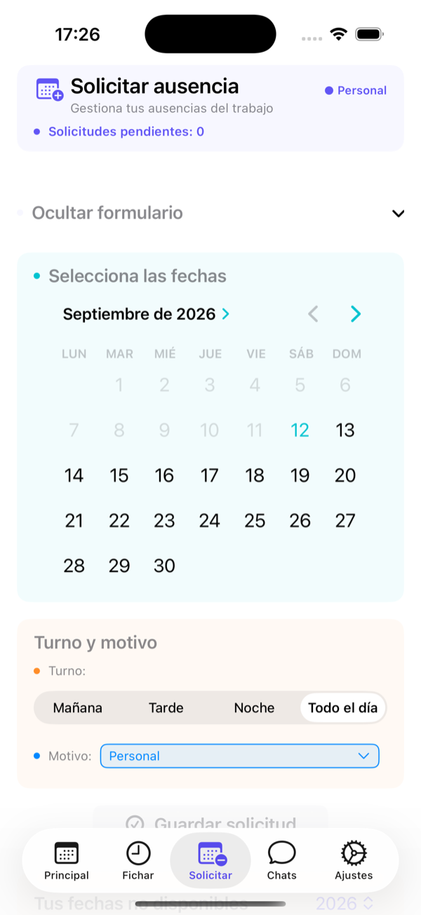 Nueva solicitud: días, turno afectado y motivo.