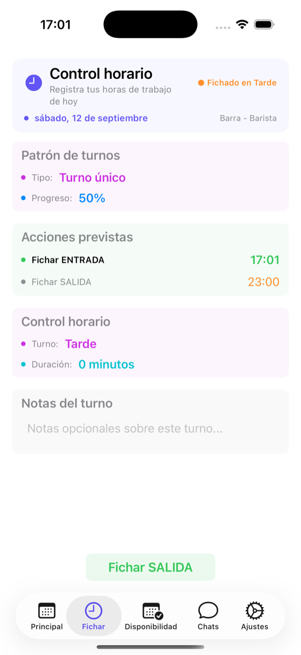 Tras fichar la entrada: hora real, duración en curso y botón de salida.