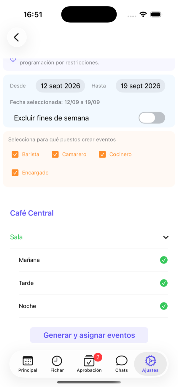Áreas y turnos a incluir.