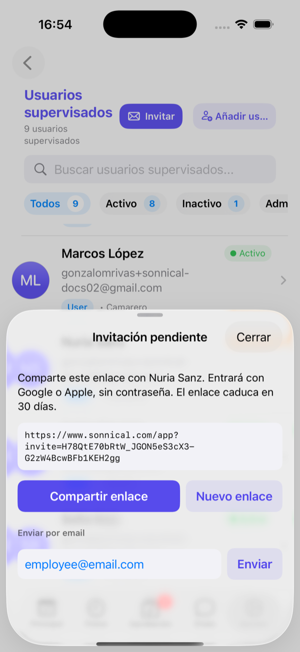 Enlace de invitación para compartir o enviar por email.