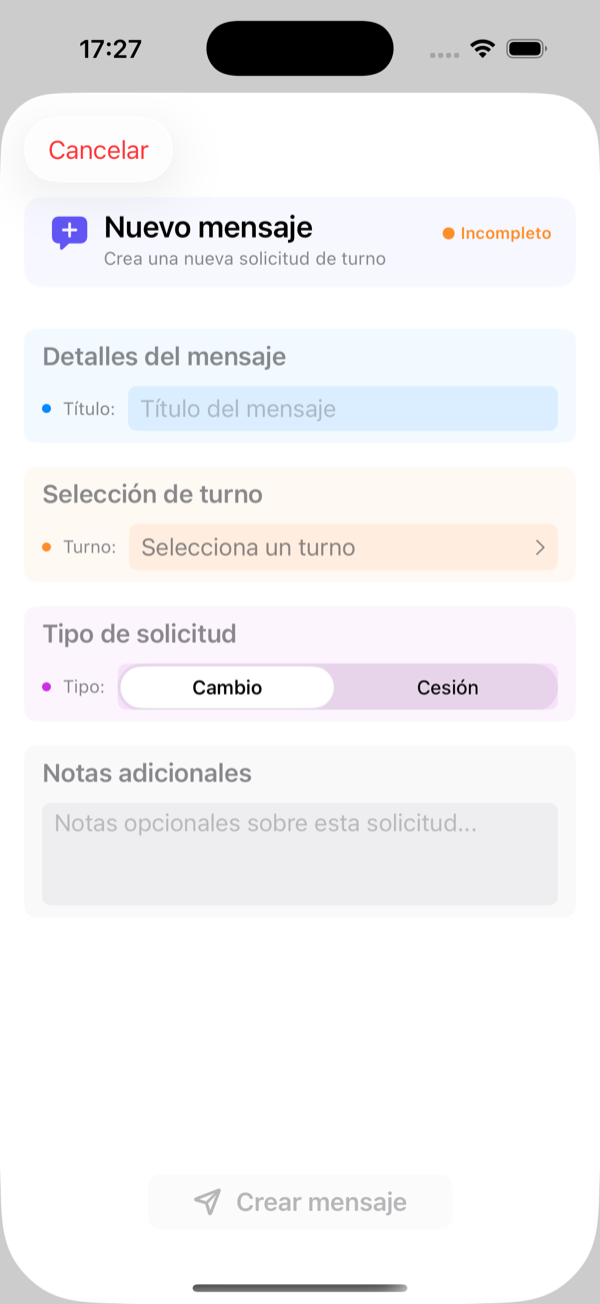 Mensaje publicado: título, turno, tipo y notas.