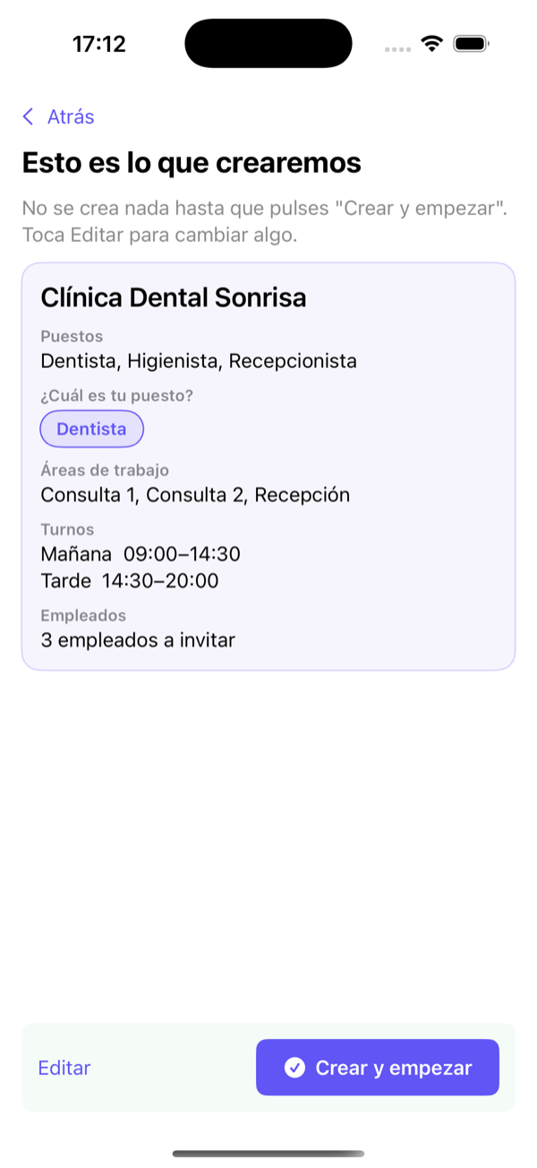 La IA propone la configuración; nada se crea hasta que lo confirmes.