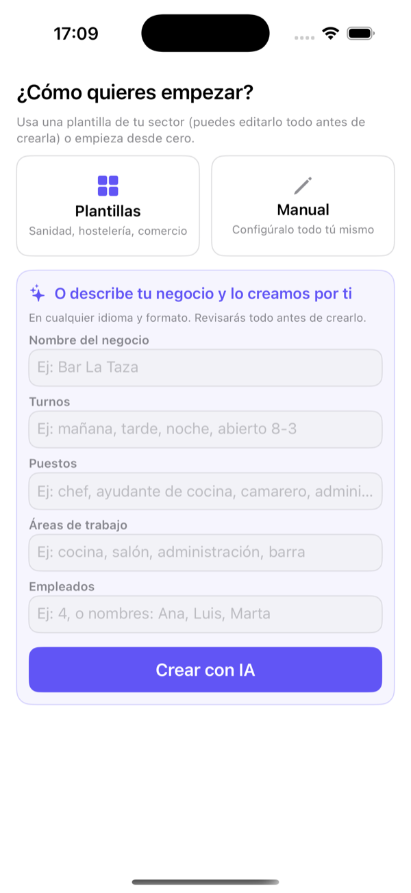 Tres formas de empezar: plantilla, descripción con IA o manual.