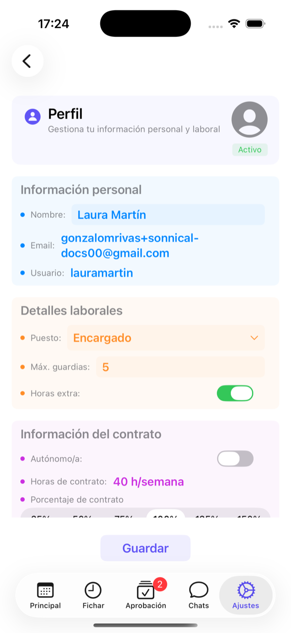 Perfil del administrador: datos, puesto, contrato y vacaciones.