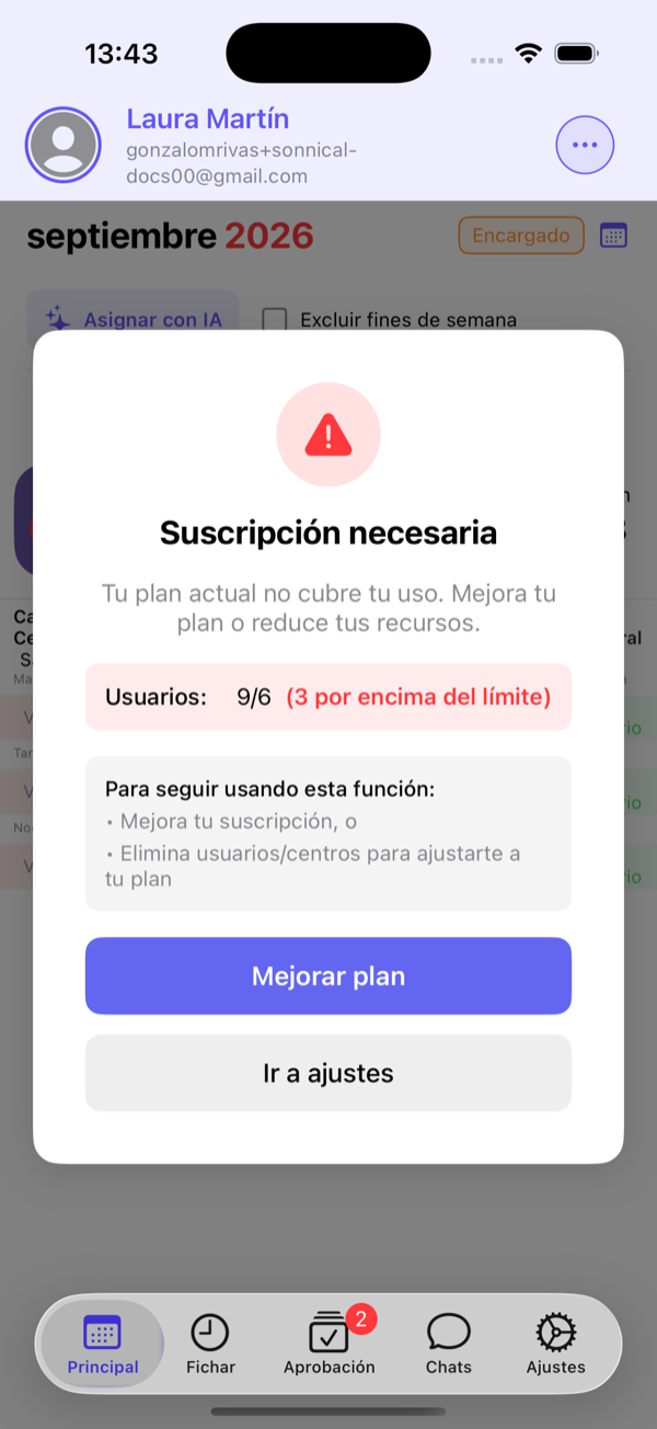 Warning when the current plan does not cover the number of users.