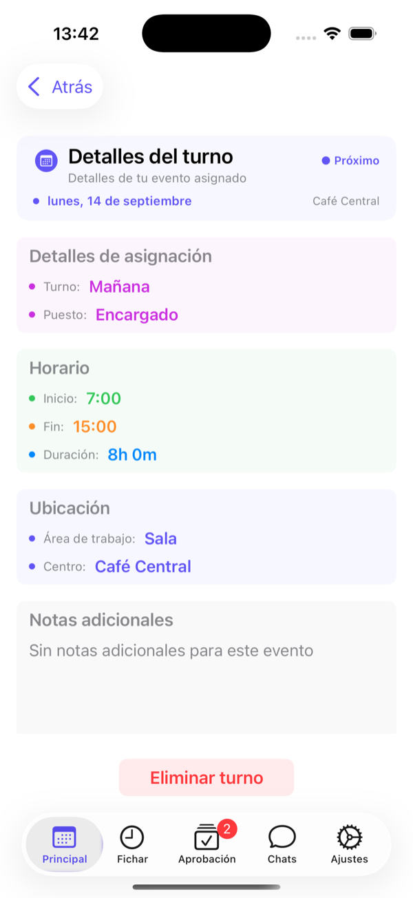 Detalle de un turno: horario, área, centro y notas.