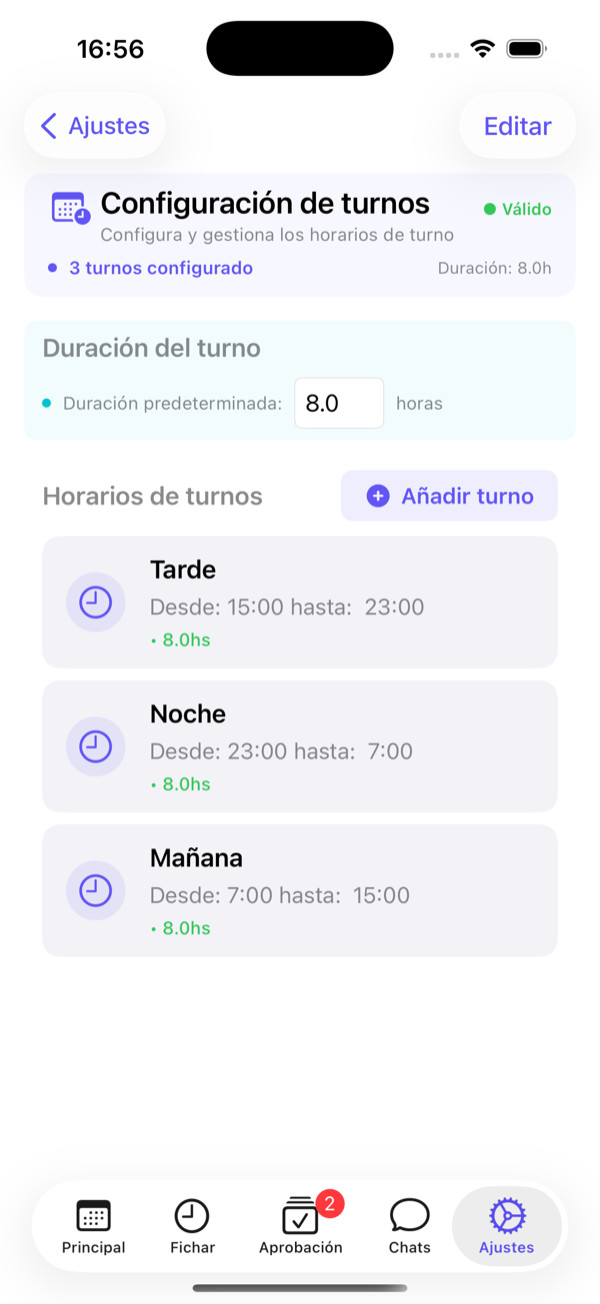 Configuración de turnos: duración estándar y horarios.